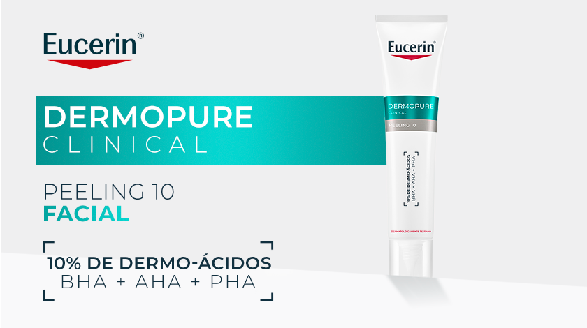 Banner publicitário de dermocosmético com fundo claro em tons de branco e cinza. No topo, aparece a embalagem do peeling em cor branca com detalhes em verde. À esquerda, há blocos gráficos em verde destacando a linha do produto.