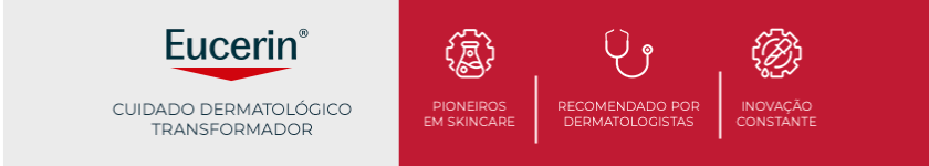 Ao lado esquerdo, logotipo da Eucerin em destaque. Ao lado direito, fundo vermelho com três ícones que representam os pilares da marca.