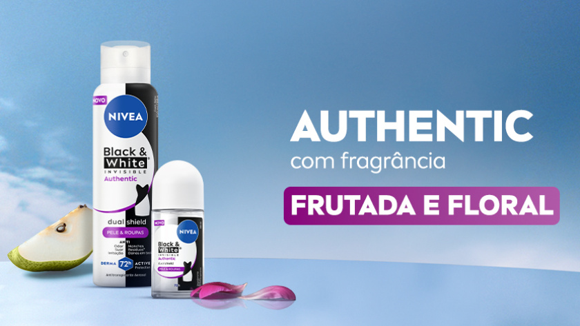 AUTHENTIC com fragrância FRUTADA E FLORAL Imagem com fundo de céu azul. Ao lado esquerdo, a linha AUTHENTIC aparece em destaque, ao lado de ingredientes.
