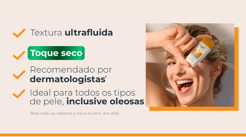 Texto com ícones em laranja destacando benefícios do produto. Ao lado direito, imagem de mulher sorrindo segurando o frasco próximo ao rosto.