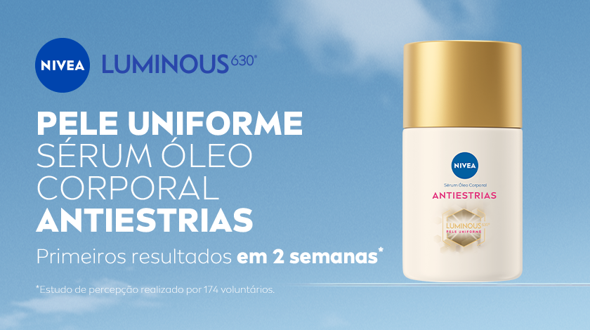 Imagem de fundo azul com nuvens, mostrando o sérum óleo corporal antiestrias NIVEA Luminous630 em destaque.