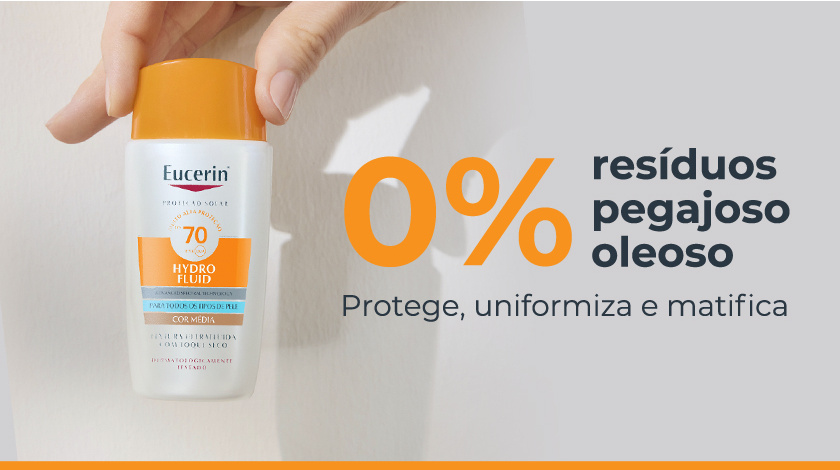 Imagem em close do frasco Eucerin Hydro Fluid FPS 70 em fundo claro.