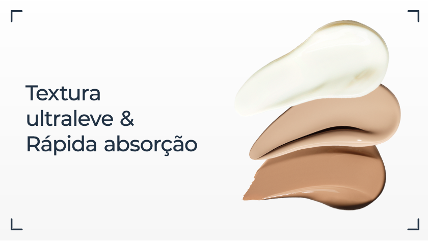 Imagem com fundo branco. Ao lado direito, são apresentadas as texturas dos protetores solares sem cor, cor clara e média.