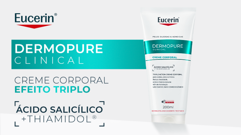 Banner publicitário de dermocosmético com fundo claro em tons de branco e cinza. No topo, aparece a embalagem de um creme corporal em bisnaga branca com detalhes em verde. À esquerda, há blocos gráficos em verde destacando a linha do produto. À direita, há um destaque visual para os ativos principais.