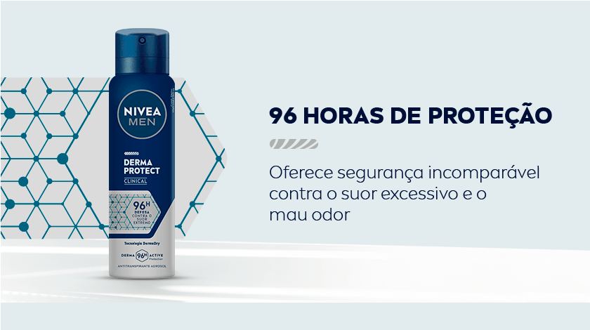 Fundo cinza claro. À esquerda, aparece o frasco do produto em destaque, com embalagem azul escura e detalhes prateados. Ao fundo, uma ilustração gráfica com padrão de hexágonos de cor verde oliva.