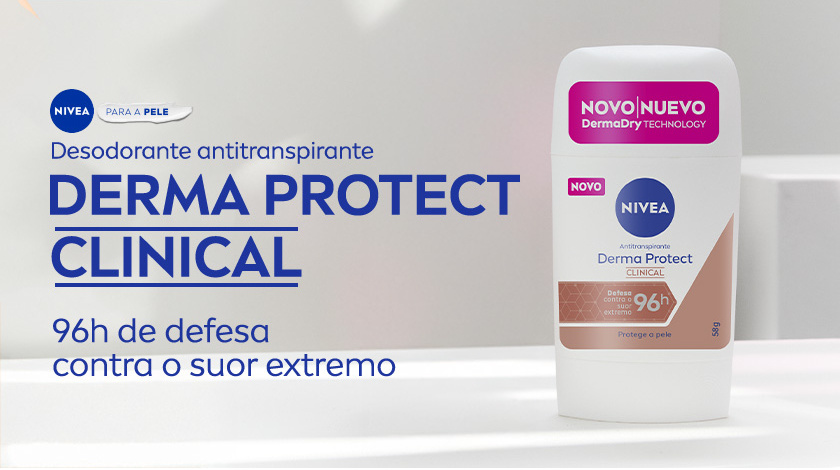 Fundo neutro e claro. Ao lado direito, o desodorante Derma Protect Clinical aparece em destaque, com embalagem branca com detalhes em rosa. Ao lado esquerdo, é apresentando o selo de NIVEA para a pele.