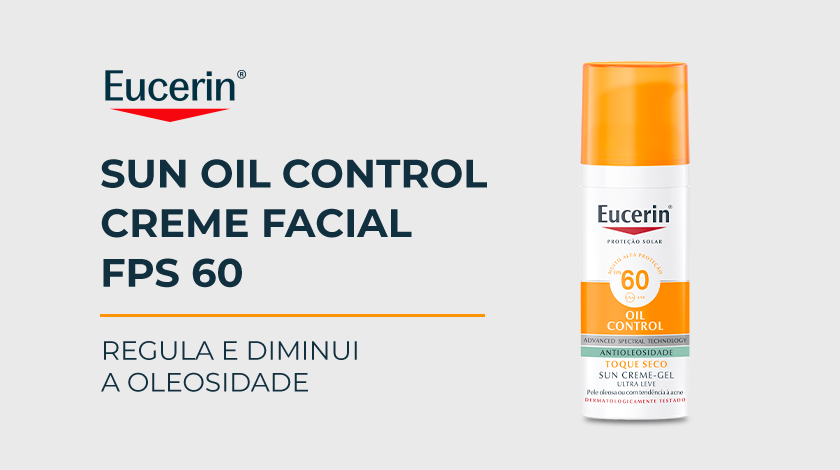 A embalagem do produto Eucerin Sun Oil Control Creme Facial FPS 60 aparece sobre um fundo branco.