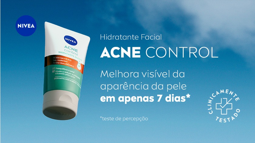 Imagem do produto NIVEA Acne Control com fundo azul claro, selo de clinicamente testado ao lado.