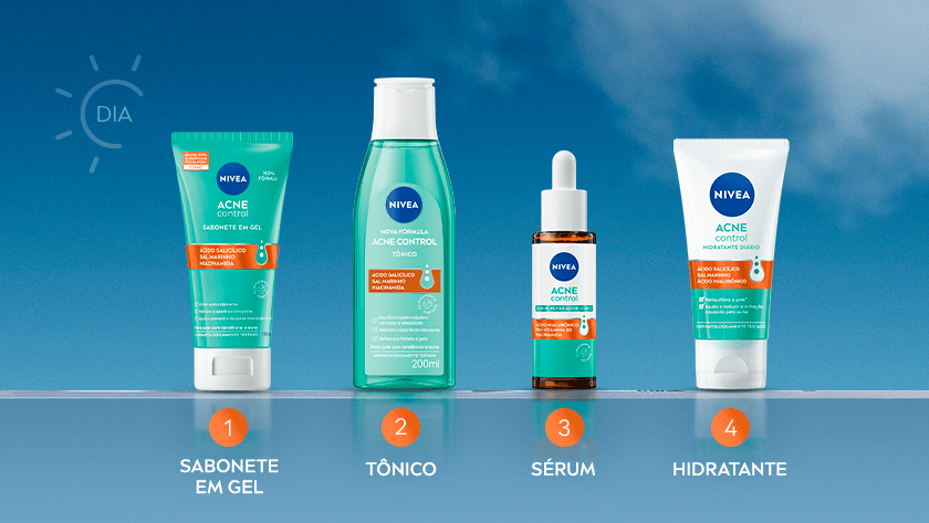 Banner da linha de cuidados faciais NIVEA Acne Control para uso durante o dia. Mostra quatro produtos dispostos em sequência sobre um fundo azul com céu: sabonete em gel, tônico facial, sérum com conta-gotas e hidratante facial. Acima de cada produto, há numeração indicando a ordem de uso na rotina de cuidados com a pele acneica.