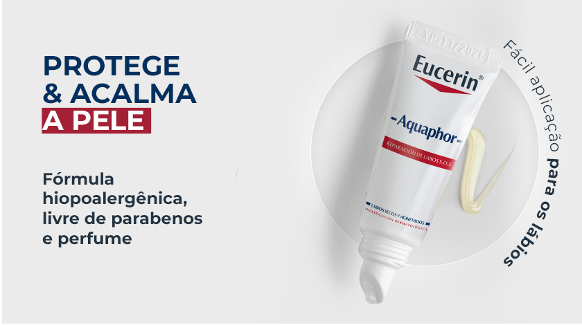 Tubo de Aquaphor Reparador Labial posicionado na vertical com uma amostra da textura ao lado. O texto destaca: 