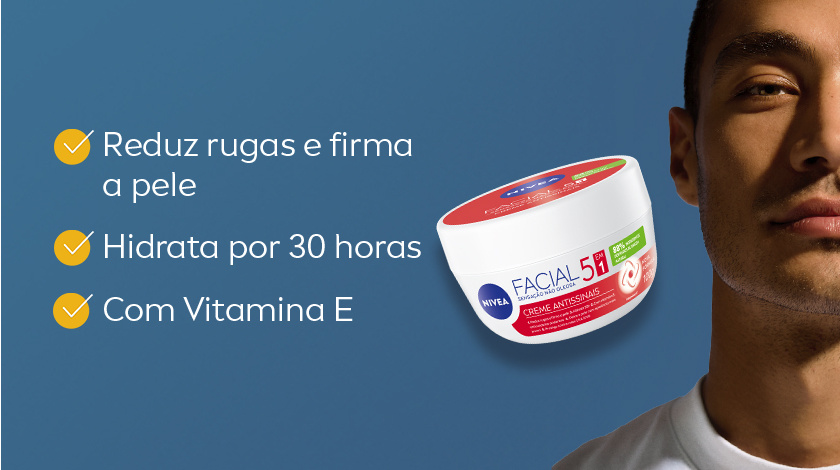 Imagem com fundo azul. Ao lado direito, um homem olha para frente, enquanto o creme facial aparece em destaque. Ao lado esquerdo, ícones amarelos representam características do produto.