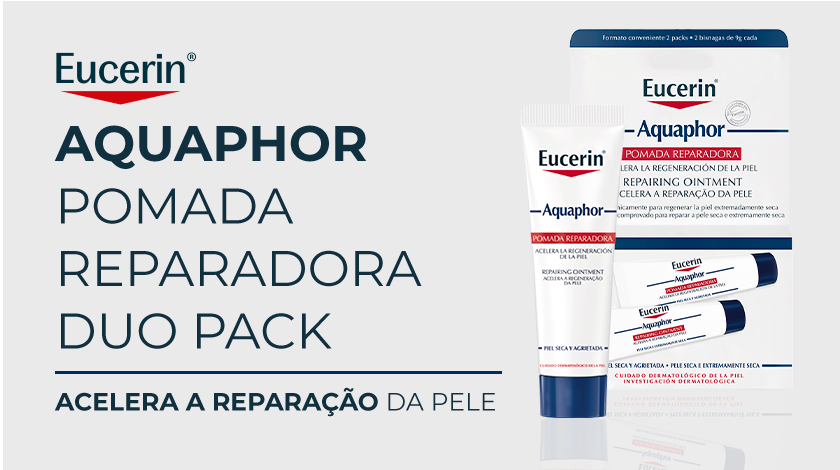 A imagem destaca um Duo Pack de Eucerin Aquaphor Pomada Reparadora. São apresentados dois tubos do produto, um fora da embalagem e outro dentro de uma caixa que indica conter dois tubos.