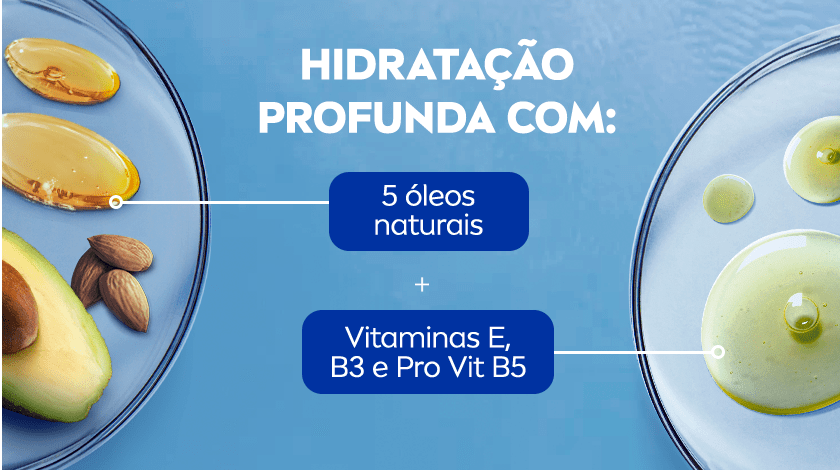 Ingredientes naturais da fórmula em destaque, com ilustrações. Fundo azul com textura suave.