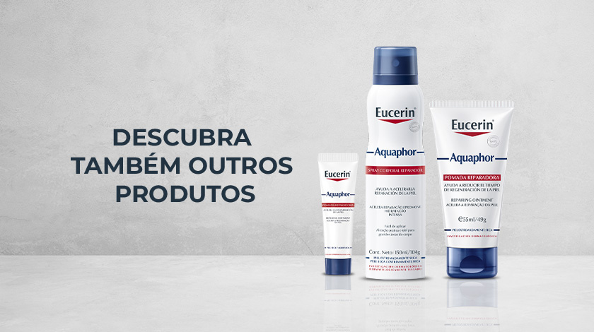 Imagem apresenta produtos da linha Aquaphor de Eucerin sobre um fundo neutro, com três formatos diferentes.