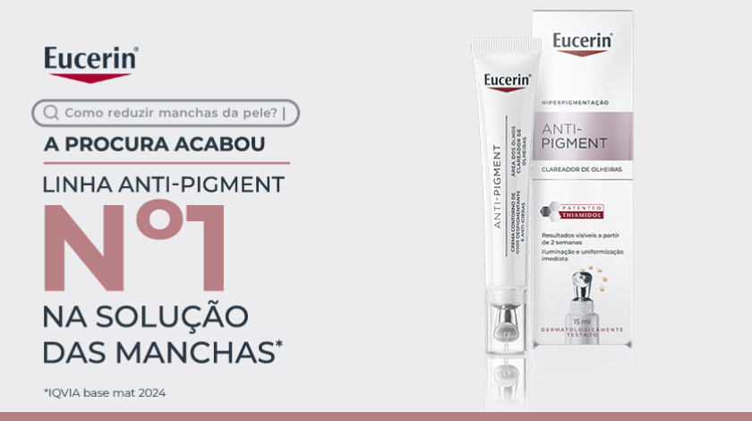 Imagem de produto Eucerin Anti-Pigment Creme Para Áreas dos Olhos. À esquerda, há um layout gráfico com ícone de barra de pesquisa e elementos tipográficos em destaque.