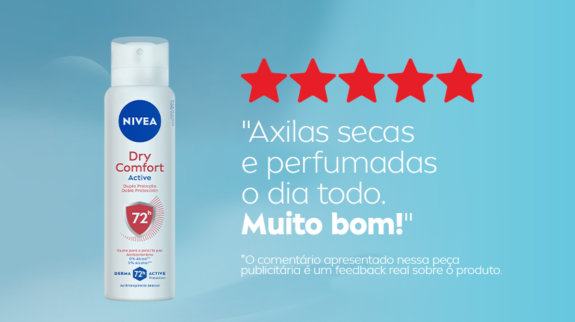 Fundo azul em degradê. À esquerda, frasco do desodorante NIVEA Dry Comfort Active, em embalagem branca com detalhes vermelhos e azuis. Acima do texto da embalagem, o logo redondo azul da NIVEA. À direita do produto, há cinco estrelas vermelhas.