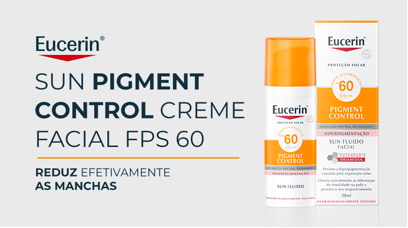A embalagem do produto Eucerin Sun Pigment Control Creme Facial FPS 60 aparece sobre um fundo branco.