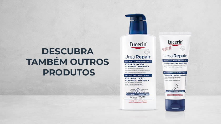 Dois outros produtos da linha Eucerin posicionados sobre superfície clara. Ao lado deles, texto convida a experimentar também esses produtos.