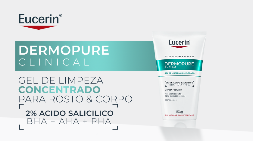 Banner publicitário de dermocosmético com fundo claro em tons de branco e cinza. No topo, aparece a embalagem do gel em cor branca e verde. À esquerda, há blocos gráficos em verde destacando a linha do produto.