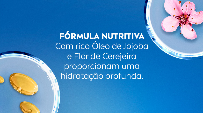 Fundo azul com imagem de pétalas de flor de cerejeira e cápsulas de óleo.