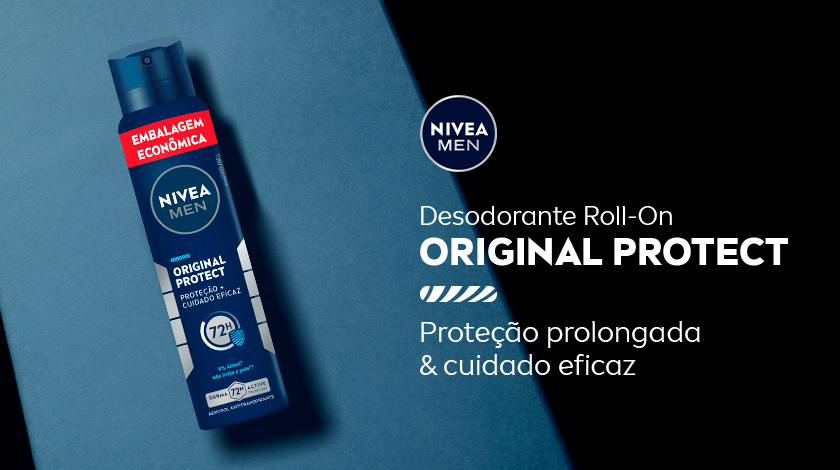 Fundo azul claro com desodorante roll-on NIVEA MEN Original Protect em azul escuro inclinado à direita. Texto em branco destacando “Proteção prolongada & cuidado eficaz”. Logo NIVEA MEN no canto superior esquerdo.