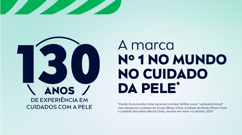 Fundo azul escuro com texto branco e azul destacando 130 anos de experiência da NIVEA e a marca nº 1 no mundo no cuidado da pele.
