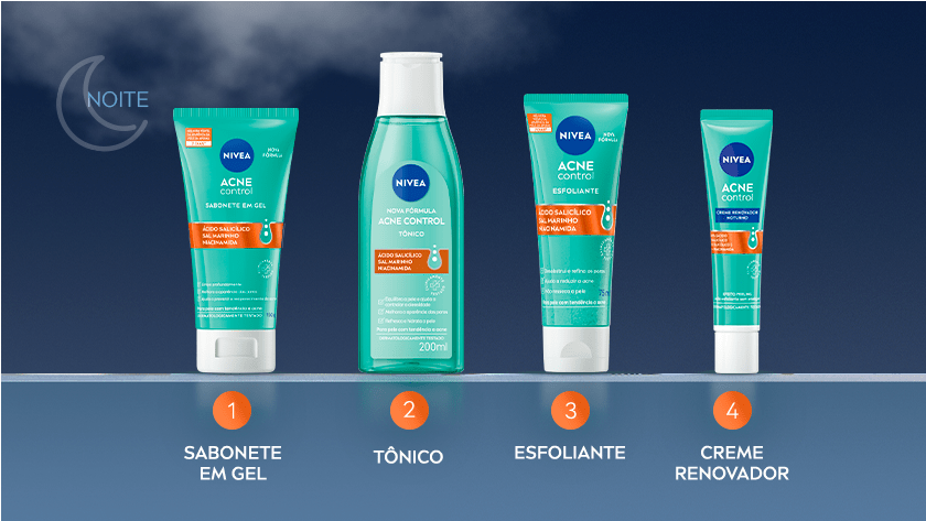 1 - Sabonete em Gel | 2 - Tônico | 3 - Esfoliante | 4 - Creme Renovador Banner da rotina de cuidados noturnos NIVEA Acne Control com quatro produtos alinhados sobre um fundo azul escuro com céu noturno. À esquerda, o ícone de lua com a palavra “NOITE”. Os produtos apresentados são: sabonete em gel, tônico facial, esfoliante e creme renovador. Cada produto está numerado de 1 a 4, indicando a ordem de aplicação.