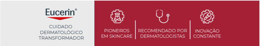 Logo da Eucerin sobre fundo vermelho, reforçando o conceito de cuidado dermatológico da marca.