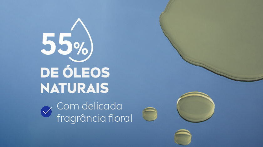 A imagem apresenta um fundo azul vibrante com gotas de óleo espalhadas, refletindo a luz. As gotas variam de tamanho e formato, com uma maior no canto superior direito e outras menores distribuídas pela imagem. Ao lado esquerdo, a porcentagem de 55% aparece conectada com um ícone em formato de gota.