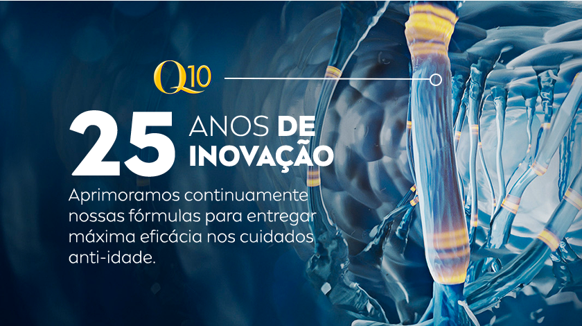 Ilustração científica com tubo molecular em destaque, representando os 25 anos de pesquisa da linha Q10. O fundo é azul com detalhes em amarelo.