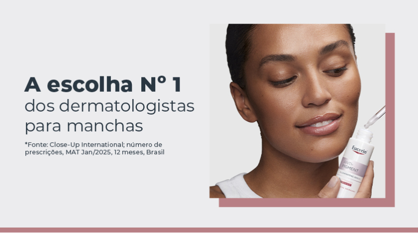 Banner publicitário mostrando o rosto de uma mulher com pele uniforme e expressão serena. Ela segura o Anti-Pigment Sérum Ultraleve.