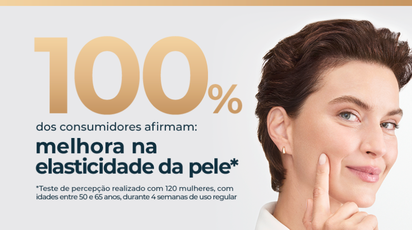 Banner publicitário em fundo claro com destaque numérico em dourado indicando resultado de pesquisa de consumidores. À direita, aparece o rosto de uma mulher madura de cabelos curtos, pele saudável e expressão sorridente.