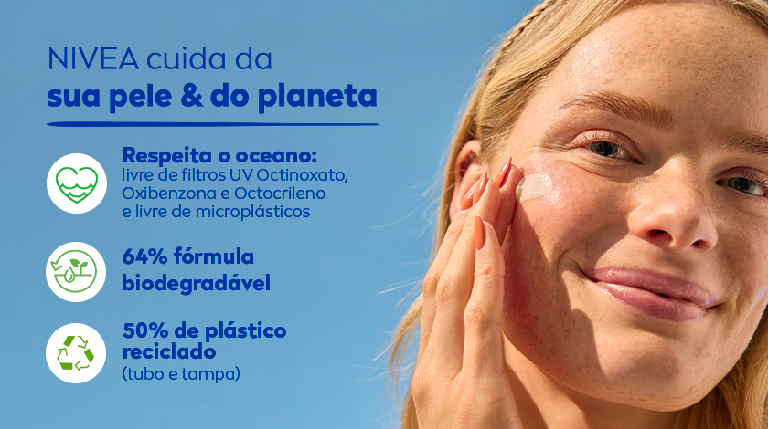 Mulher de cabelos loiros sorri enquanto aplica o protetor solar no rosto. À direita, o título “NIVEA cuida da sua pele & do planeta”. Três ícones destacam características do produto em relação à sustentabilidade.