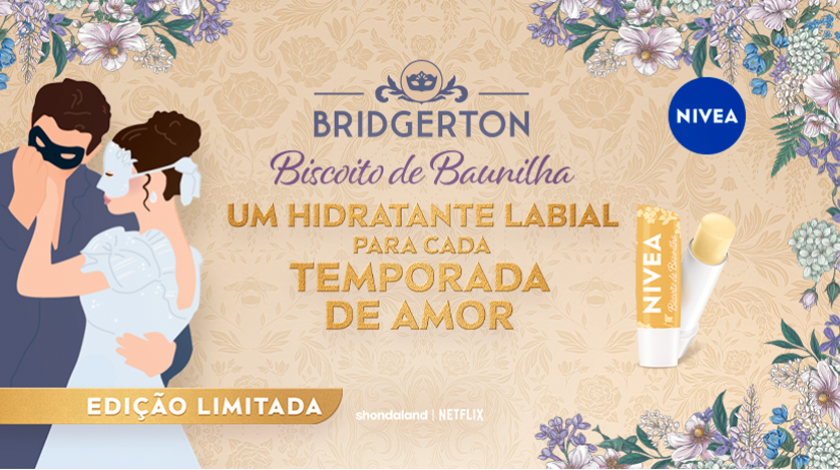 Ilustração inspirada em Bridgerton com casal usando roupas de época em fundo floral. Ao centro, textos destacam a parceria NIVEA e Bridgerton, apresentando um hidratante labial em edição limitada com identidade delicada e romântica.