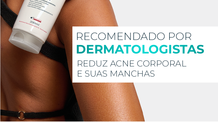 Banner publicitário com fundo claro em tom neutro. À esquerda, aparece parcialmente a embalagem de um creme corporal em bisnaga branca com detalhes em verde, apoiada sobre o ombro de uma mulher.
