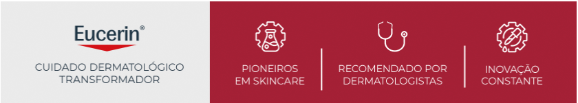 Logo da Eucerin sobre fundo vermelho, reforçando o conceito de cuidado dermatológico da marca.