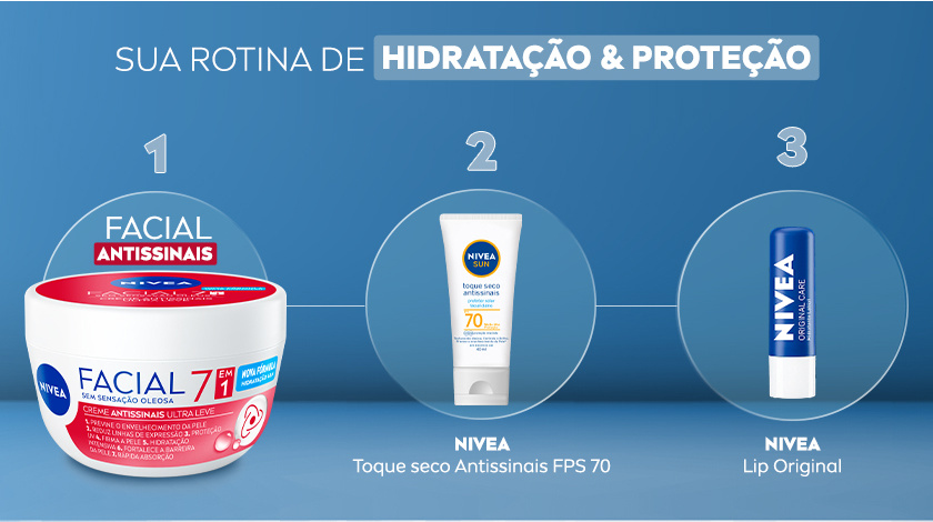 Fundo azul, ao centro são apresentados produtos para uma rotina.