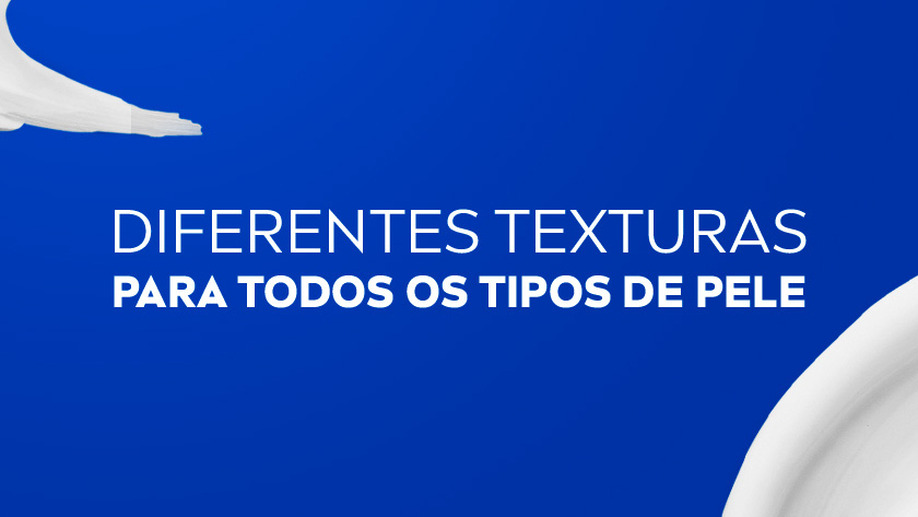 Fundo azul escuro com pinceladas brancas de creme nas bordas. Texto central em branco e azul destaca a variedade de texturas da linha NIVEA para todos os tipos de pele.
