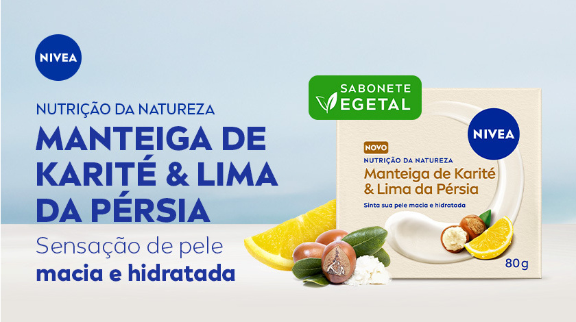 Fundo claro. À direita, embalagem do sabonete vegetal NIVEA Manteiga de Karité & Lima da Pérsia. Ao lado, imagem da embalagem com ingredientes ilustrados. No topo esquerdo, o logo da NIVEA e o selo verde “Sabonete Vegetal”.