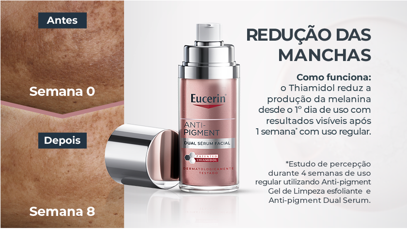 Ao lado direito, a imagem apresenta um fundo cinza, em destaque ao centro está o produto Dual Sérum. Por fim, ao lado esquerdo, uma simulação de antes e depois, comparando a pele com a aplicação do produto.