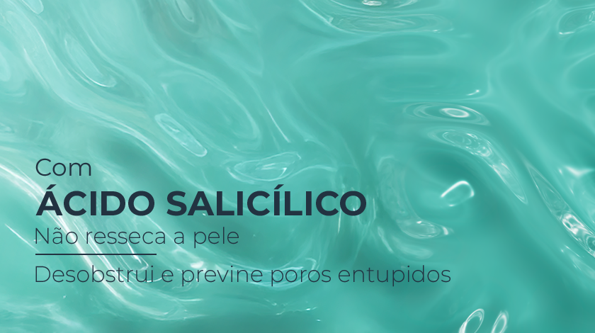 Banner com fundo em tom verde-água vibrante, com textura fluida que remete a gel ou líquido cosmético espalhado em movimento.