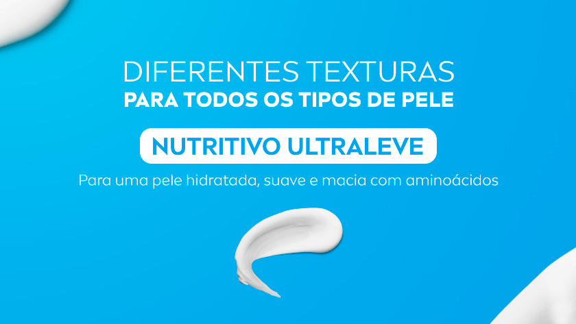Fundo azul claro com textura de creme branco nas bordas. Texto central em branco e azul apresenta o Nutritivo Ulraleve da linha NIVEA, com foco em hidratação, suavidade e maciez da pele com aminoácidos.