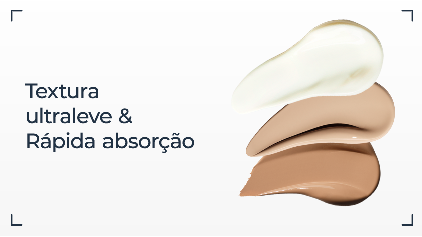 Imagem com fundo branco. Ao lado direito, são apresentadas as texturas dos protetores solares sem cor, cor clara e média.