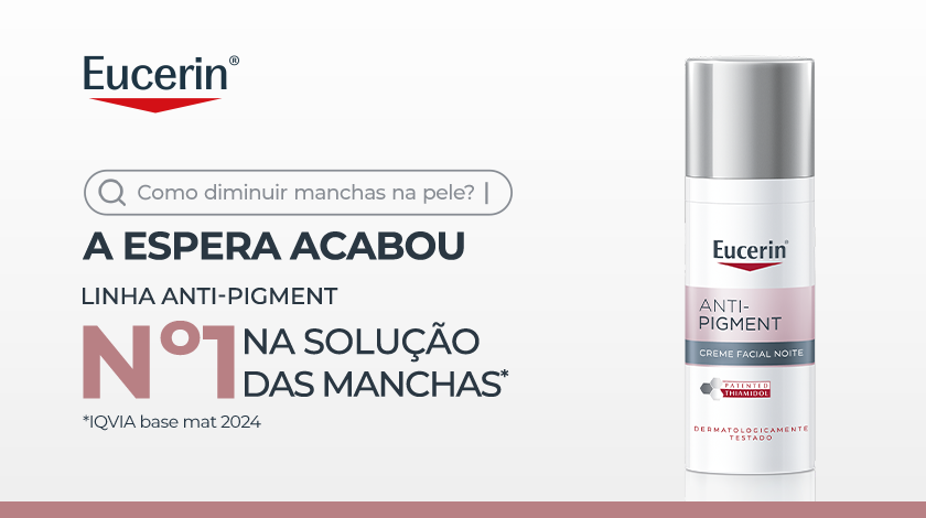 Imagem de produto Eucerin Anti-Pigment Creme Facial Noite. No centro, frasco cilíndrico branco com tampa metálica prateada, rótulo em tons de branco, cinza e rosa claro. Atrás do frasco, aparece a embalagem do produto em caixa retangular, também branca com detalhes em rosa e cinza. À esquerda, há um layout gráfico com ícone de barra de pesquisa e elementos tipográficos em destaque.