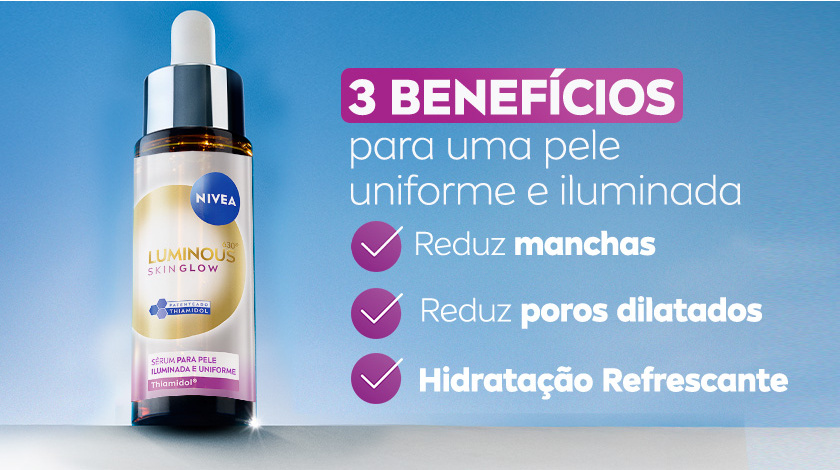 3 benefícios para uma pele uniforme e iluminada: reduz manchas, reduz poros dilatados, hidratação refrescante Imagem do frasco do sérum em destaque sobre fundo azul. Ícones roxos destacam benefícios do produto.