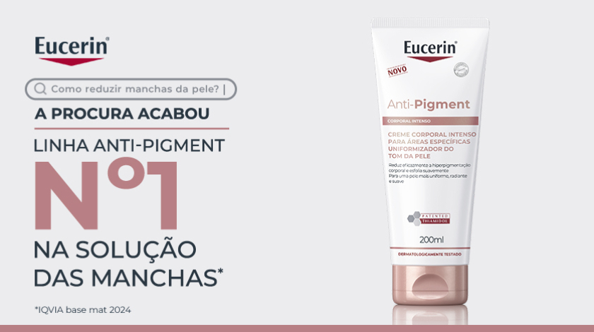 Imagem de produto Eucerin Anti-Pigment Creme Corporal Áreas Específicas. À esquerda, há um layout gráfico com ícone de barra de pesquisa e elementos tipográficos em destaque.