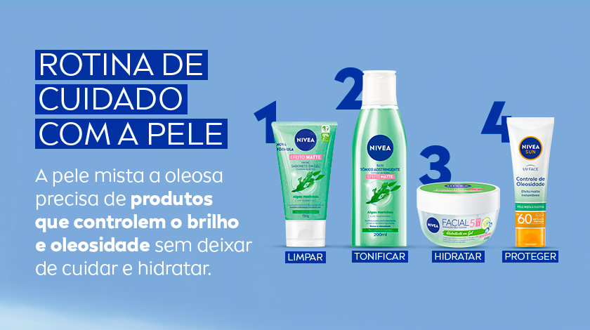 Fundo azul claro. No topo, o título: “Rotina de cuidado com a pele”. Quatro produtos NIVEA numerados de 1 a 4: limpar, tonificar, hidratar e proteger.