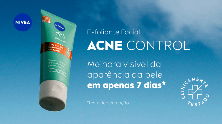 Imagem do produto NIVEA Acne Control com fundo azul claro, selo de clinicamente testado ao lado.