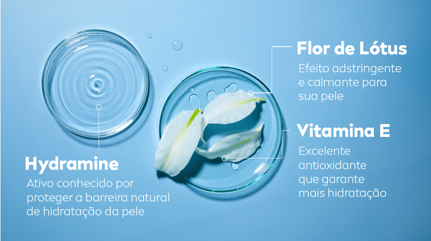 Fundo azul claro e dois elementos circulares de vidro contendo líquidos e pétalas brancas. A imagem destaca os ingredientes principais do produto e seus benefícios para a pele.