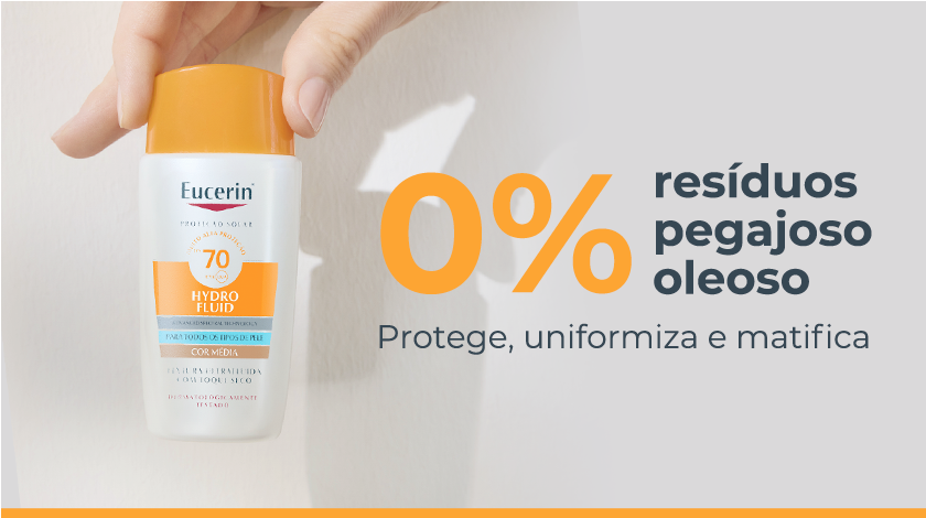 Imagem em close do frasco Eucerin Hydro Fluid FPS 70 em fundo claro.